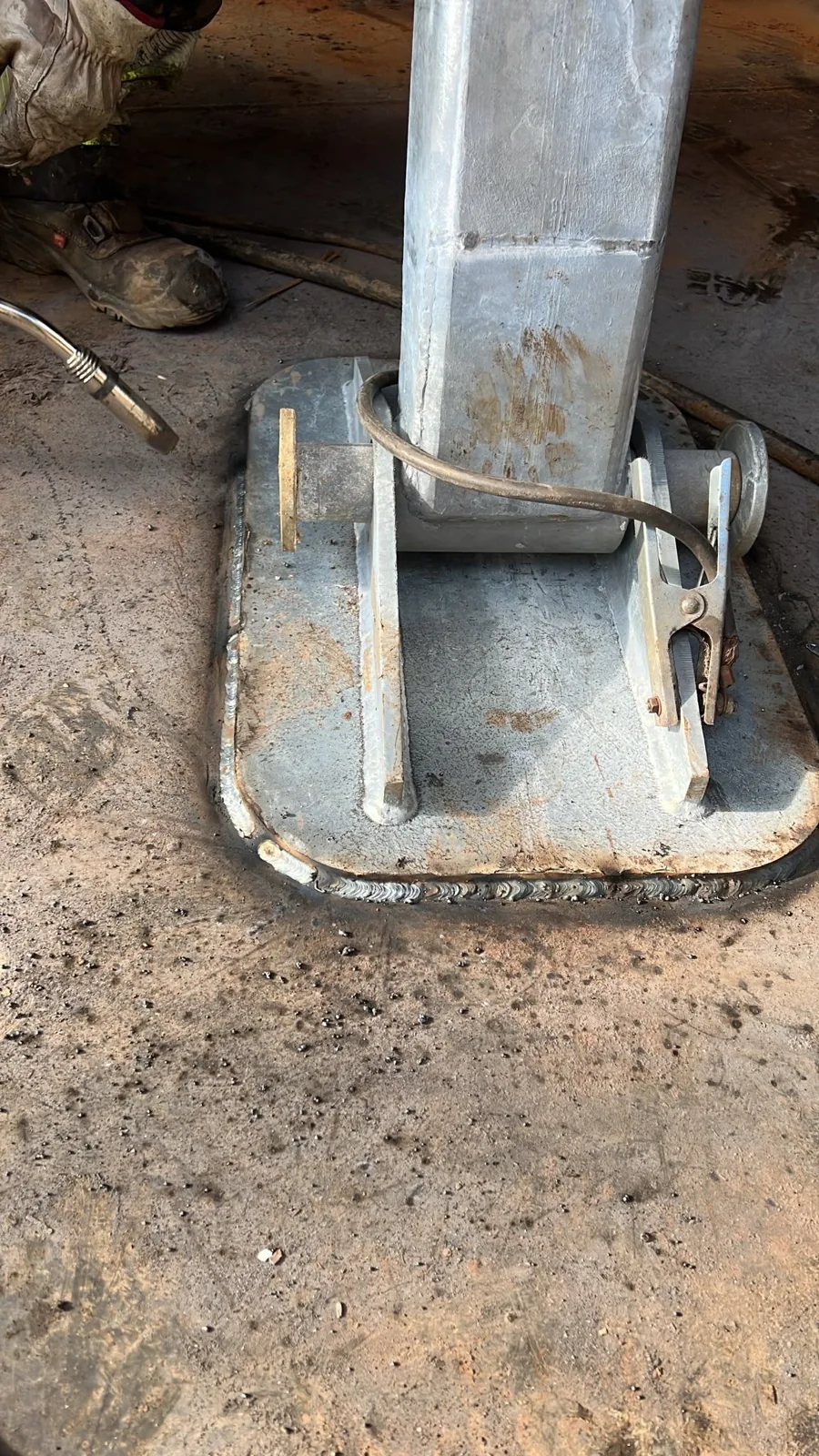 The base plate and stiffeners of a steel column.