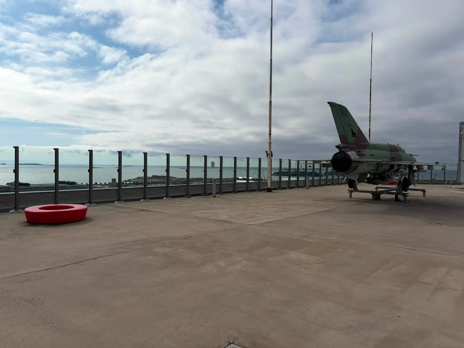 An overview of the Verkkokauppa.com rooftop and its glass railings.